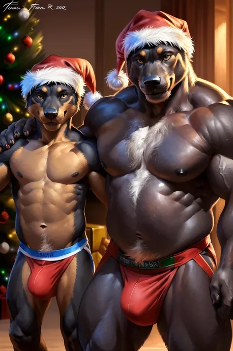 (duo, size difference, father and son:1.9) muscular anthro dobermann, (standing, presenting father in top of son for the viewer:1.9). 4k, high resolution, best quality, posted on e621, solo, anthro body, anthro dobermann, black and tan body,older male, mal...