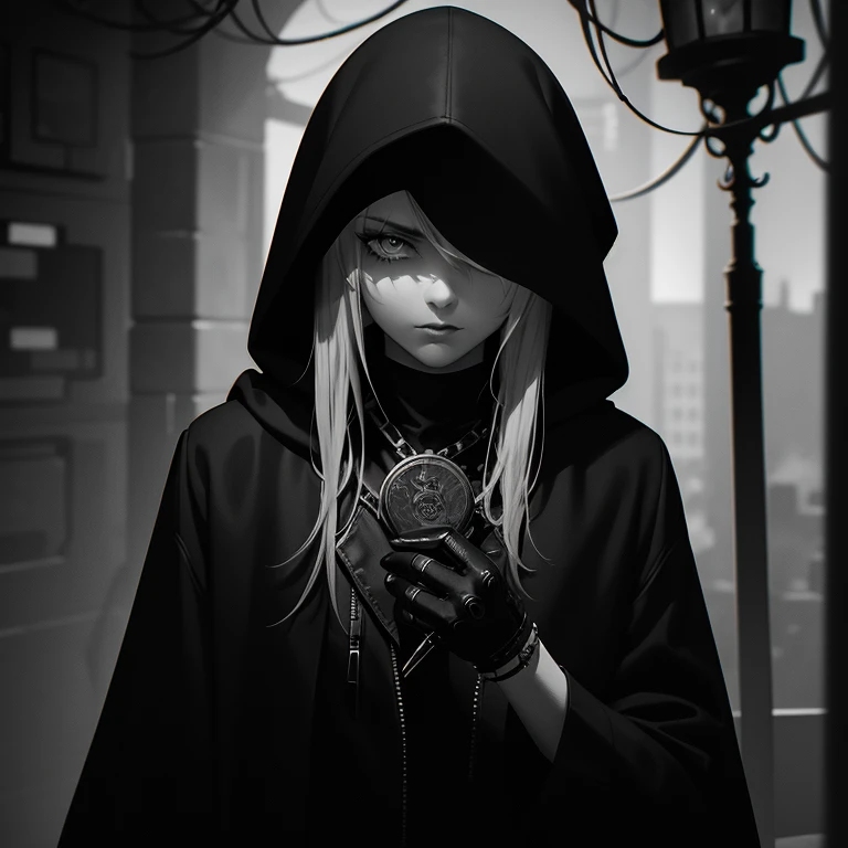 (best quality:1.2, 8k:1.2),dark style portraits, 3 men and 1 woman wearing masks and hoods,rock band CD cover,gritty black and white,moody lighting,cinematic shadows,high contrast,dramatic expressions,meticulous details,rough textures,edgy atmosphere,haunt...