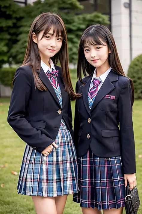 Two beautiful girls、Blazer School Uniform、A dark-haired、straight haired、Long、The other one has a short bob、schools、early evening、13years、Plaid knee-length long skirt、lowfers、