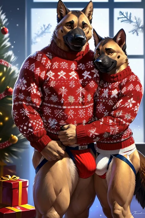 (duo, size difference, father and son:1.9) muscular anthro German shephard, (standing, presenting father cuddling son for the viewer:1.9). 4k, high resolution, best quality, posted on e621, solo, anthro body, anthro German Shepherd, black and tan body,olde...