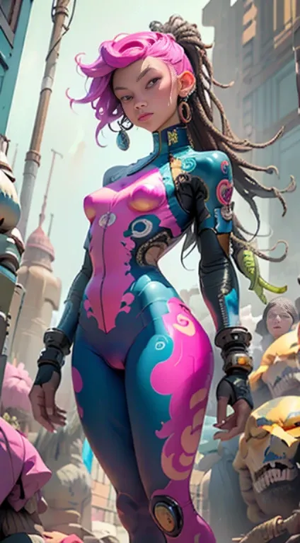 "1 cyborg girl with tattoos, dread hair in spring, puffer suit, vibrant and luminous colors, sharp and cinematic style, depth of field, capturing the essence of 35mm film, and a touch of luminous painting, standing full body details, Sexy poses."