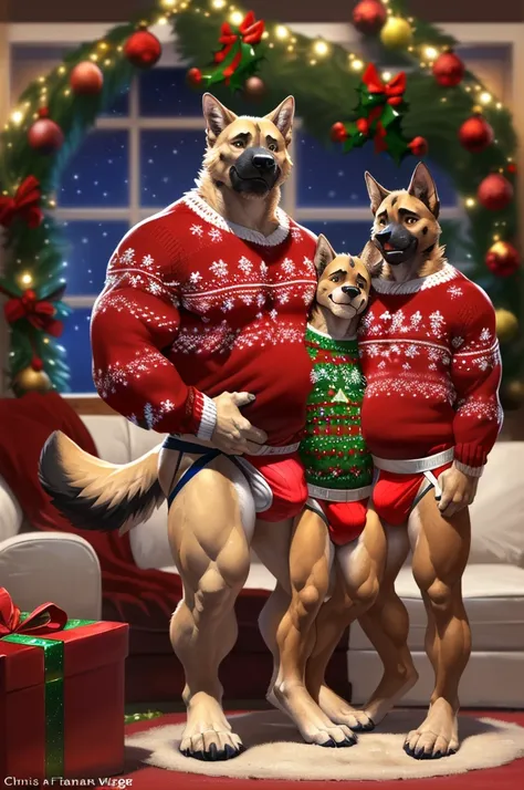 (trio, size difference, father and sons:1.9) muscular anthro German shephard, (standing, presenting father cuddling sons for the viewer:1.9). 4k, high resolution, best quality, posted on e621, solo, anthro body, anthro German Shepherd, black and tan body,o...