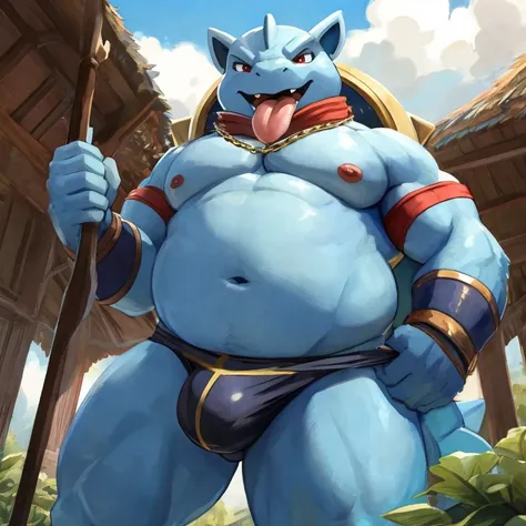 Crie personagens do game Pokémon Go Pokémon Unity squirtle, wartortle, blastoise, He wears clothing and accessories from Viking culture, pernas abertas, visão de lowangle, eye level shot (virilha),    personagem solo,Just huge morbid thighs, gordinhas, ext...