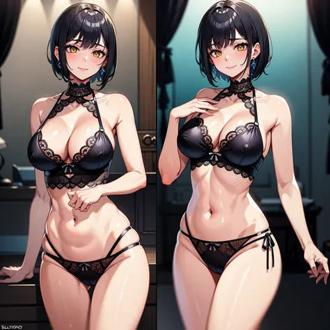 (((1 girl))) (with blue short hair), voluptuous body, (yellow eyes with slit pupils), earrings, seductive smile, perfect hands, (wearing black lingerie), see-through clothes, NSFW, anatomically correct, best quality, high quality, super detailed, masterpie...