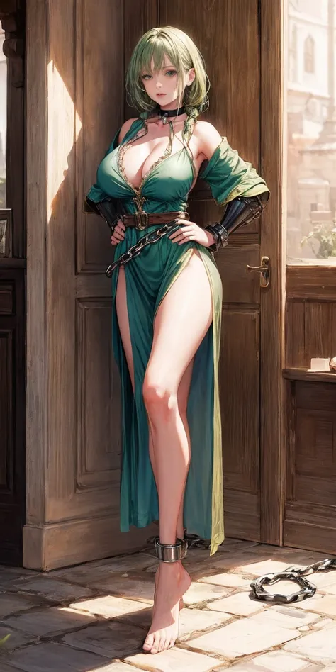 full body, barefoot, solo, female, big breast (realistic portrait of cute mature woman, green skin), linen tunic, fantasy village, armor, Handcuffs on their hands, With a collar around the neck, hands on hips, slave, ((black choker, shackles on legs and ar...