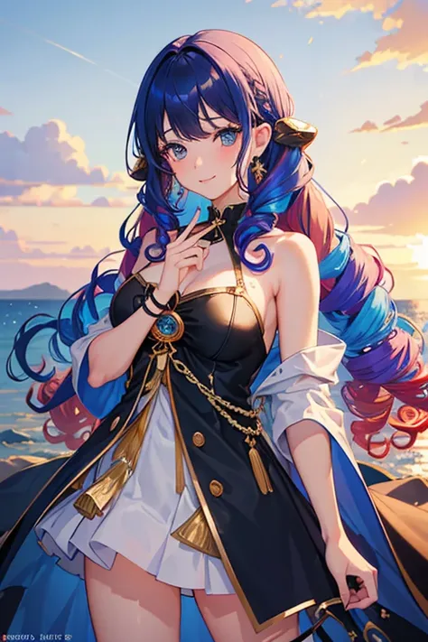 1 girl, (Iridescent hair, Colorful hair, half Blue and half pink hair: 1.2), 17 years old, Blue_skyporn, holding a magic wand, Summer (SeasSUI), flower petals_SUI_Liquid, Hooded black cloak, Red and black ripped dress, Skirt: 1.2, (gold lSUIg curly hair: 1...