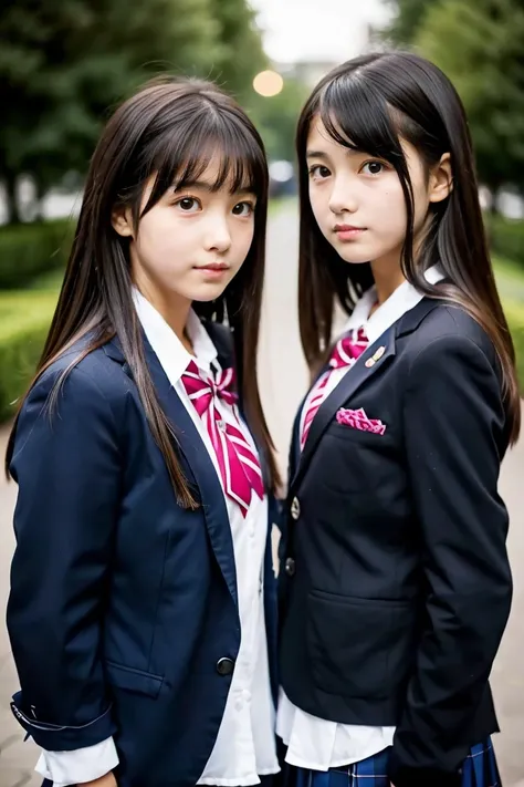 Two beautiful girls、Blazer School Uniform、A dark-haired、straight haired、(The other one has a short bob)、schools、early evening、sixteen years old、Face to face、Wistful expression、