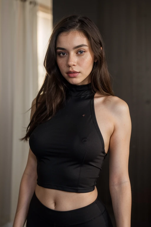 ((best quality)), ((masterpiece)), (detailed), perfect face realistic photo of beautiful woman with long dark brown hair, Russian, influencer, light freckles, dark brown eyes, big lips, no makeup, instagram, next to black wall, wearing sexy yoga clothes