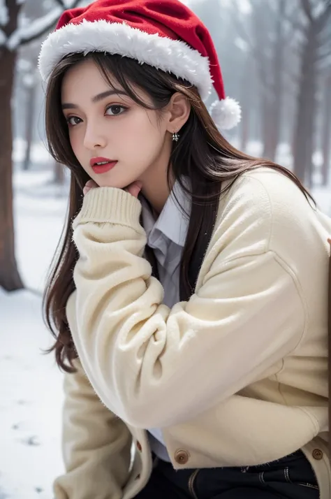 melhor qualidade, 4k, 8k, rostos detalhados, rosto claro, a pretty girl,maquiagem requintada, red lips,rir, Corpo Perfeito,cabelo bob preto liso na altura dos ombros,santa claus hat,seios grandes,coxa,esguio,fino, The girl wears a brown cardigan, Underneat...