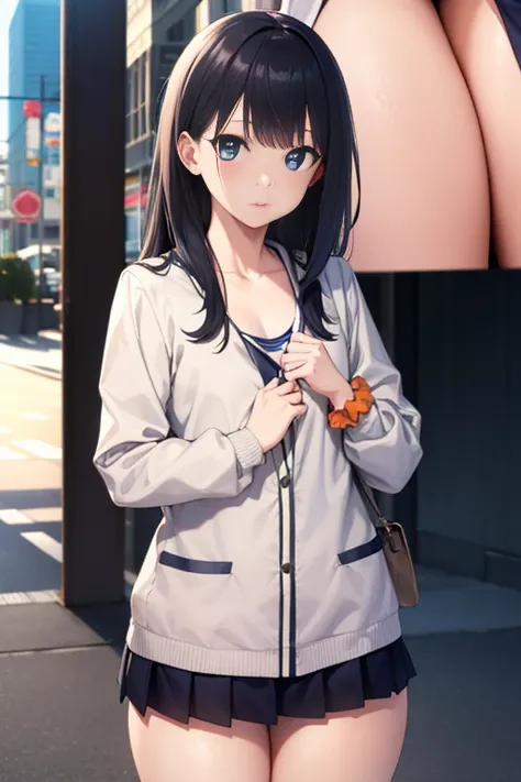 Rikata Karada, rikka takarada, Black hair, Blue eyes, Long hair, orange Scrunchie, Scrunchie, wrist Scrunchie, (tiny chest:1.2),thighs thighs thighs thighs,pink long coat，Green Sweater，a miniskirt，black pantyhose king，茶色ショートブーツ
BREAK outdoors, city,
BREAK ...