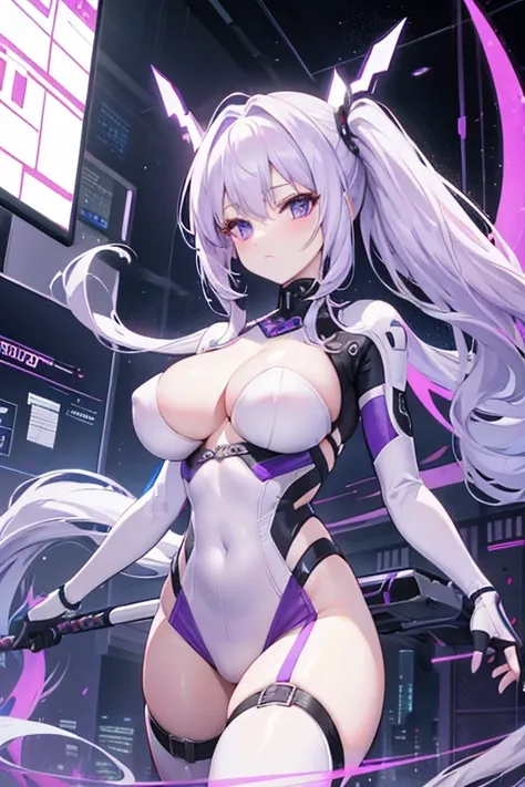 4K,hight resolution,One Woman,white purple hair,poneyTail,Colossal tits,ninjartist,White Cybersuit,Knives,underground city