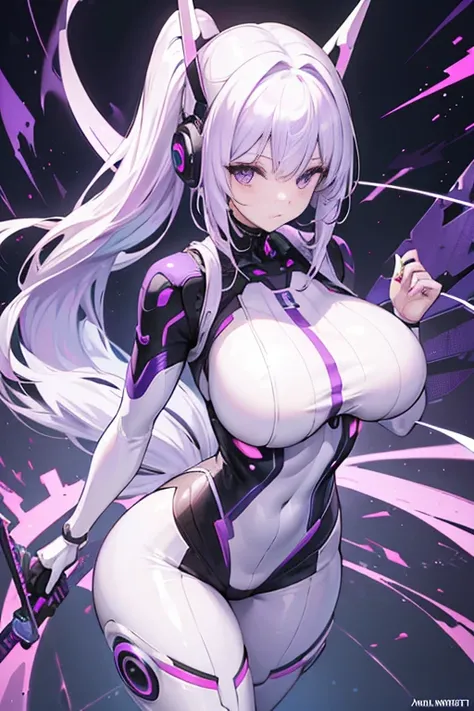 4K,hight resolution,One Woman,white purple hair,poneyTail,Colossal tits,ninjartist,Futuristic and shiny white cyber suit,head phone,Knives,underground city