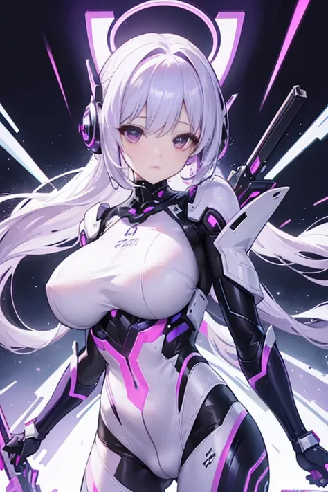 4K,hight resolution,One Woman,white purple hair,poneyTail,Colossal tits,ninjartist,Futuristic and shiny white cyber suit,head phone,Knives,underground city