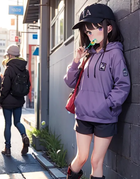 masutepiece, Best Quality, {Best Quality}, {{masutepiece}}, {hight resolution}, Illustration, 1girl in, Inoue Takina, bob katan, Black hair, (Purple eyes:1.2), blush, Blue Hoodie，shortpants，he wears a hood over his hat.，I have my hands in my pockets，White ...