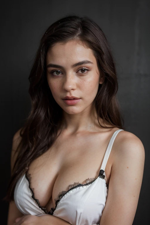 ((best quality)), ((masterpiece)), (detailed), perfect face realistic photo of beautiful woman with long dark brown hair, Russian, influencer, light freckles, dark brown eyes, big lips, no makeup, instagram, standing next to black wall, wearing sexy pijama