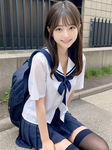 japanes、girl with、1人、sixteen years old、A dark-haired、length hair、poneyTail、High school students、high-school uniform、a sailor suit、やぶけた白いa sailor suit、Lace underwear is visible on her exposed chest.、shortsleeves、cleavage of the breast、Dark blue mini skirt、t...