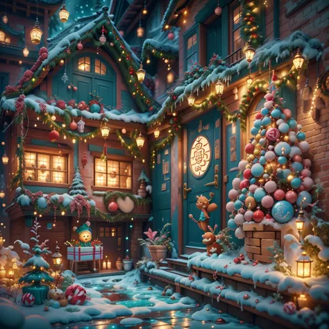 (tmasterpiece),（ultra - detailed:1.3），(Close-up: 1.8), Best quality，（棉花糖一样的白yuki:1.2），（Christmas courtyard in blue fairy tale:1.6），(蓝色门上圣诞decorationlower ring: 1.8),（suns），(((Delicious candies in front of the door，Christmas tree, gifts, Christmas stockings...