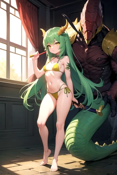 masterpiece, best quality, 1girl, detailed face, full body, monster girl, lizardman girl, green scales on the body, green hair, long hair,  yellow eyes, black bikini , sword in right hand