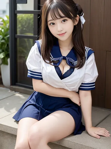 japanes、girl with、1人、sixteen years old、A dark-haired、length hair、poneyTail、High school students、A slender、high-school uniform、a sailor suit、やぶけた白いa sailor suit、ボタンが外れたa sailor suit、Her lace underwear is visible from her bare chest.、shortsleeves、cleavage of...