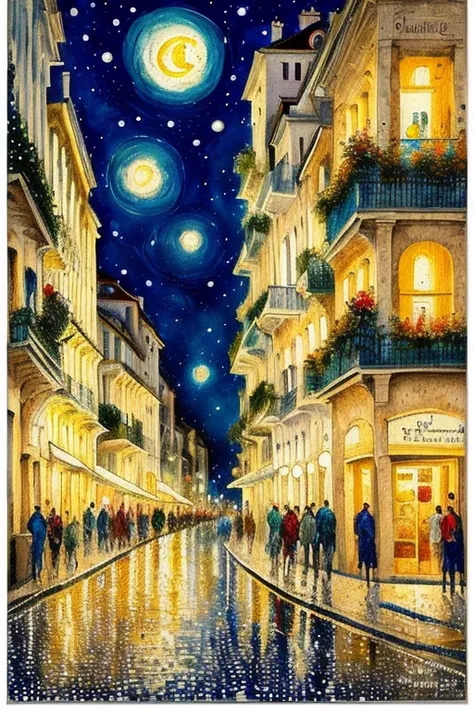 Affiche de style vectoriel Van Gogh (quartier Príncipe Real dans la ville de Lisbonne) en terrasse le soir sur la place de la ville à Lisbonne le soir de Noël avec les décorations de Noël ; peinture naturalisme impressionniste pointillisme couleurs vives a...