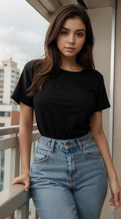 "Genera una imagen de alta calidad que retrate a una joven de apariencia elegante, vistiendo una camiseta sin mangas de color negro y jeans ajustados. The model is posing on the balcony of a skyscraper, destacando su estilo urbano y sofisticado. Por favor,...