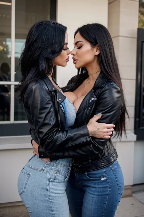 Two insta bimbo wearing blue jeans and a black leather jacket, they are kissing eachother