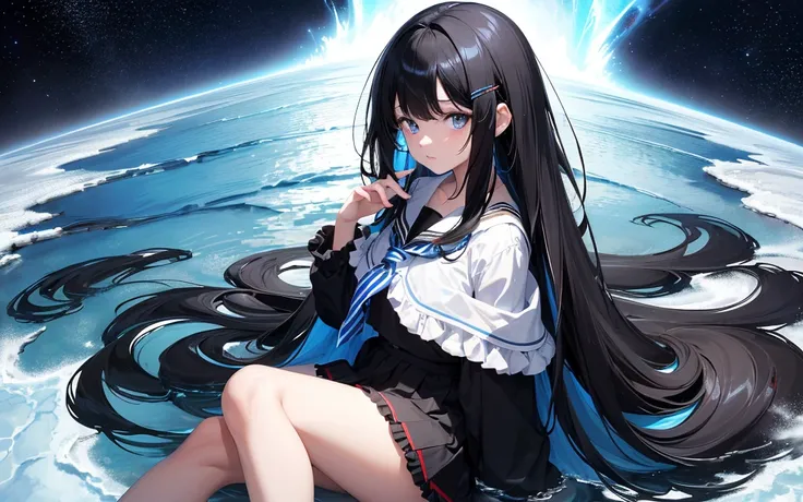 absurdres, highres, (official art, beautiful and aesthetic:1.2), (close view:1.15),
(1girl, black hair, long_hair,  Bangs have a hair clip on the right side of the bangs,blue eyes, shining eyes, ,Black and red striped school skirt, Blue Frill,:1.2)
blue sk...