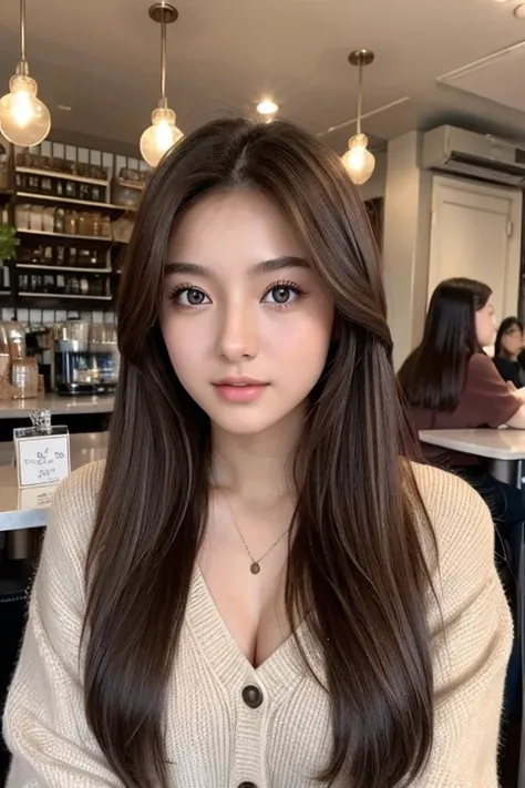 bright brown eyes, girl with, 20yr old, innocence, HDR, Chest emphasis, femele, Early in the morning、at a cafe in the city、with a casual hairstyle、I am writing my thoughts in a new diary.。