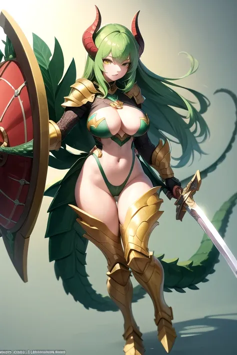 masterpiece, best quality, 1girl, detailed face, full body, lizardman girl, green scales on the body, green hair, long hair, yellow eyes, big boobs, sexy armor , holding sword and shield, green tail, green horns