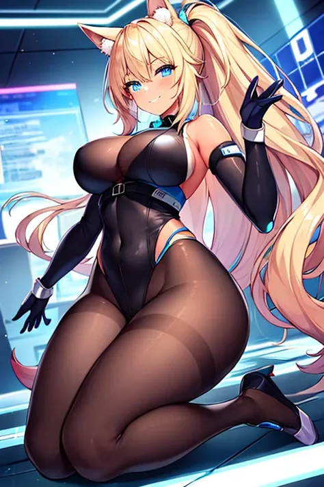 1girl, female, tan skin, tan body, tan, breasts, wide hips, large breasts, blonde hair, long hair, ponytail, blue eyes, wolf ears, wolf tail, smile, light smile, bodysuit, futuristic, science-fiction, tech, neon, neon trim, black pantyhose, pantyhose, full...