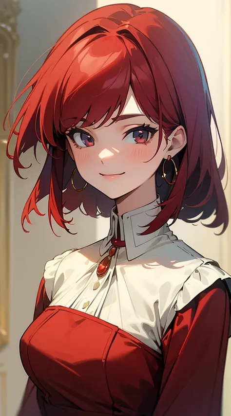 (masterpiece: 1.2, best quality), (1 lady, solo, upper body: 1.2), ,A woman in a red dress, red hair, long haircut, hoop earrings, beautiful smile.