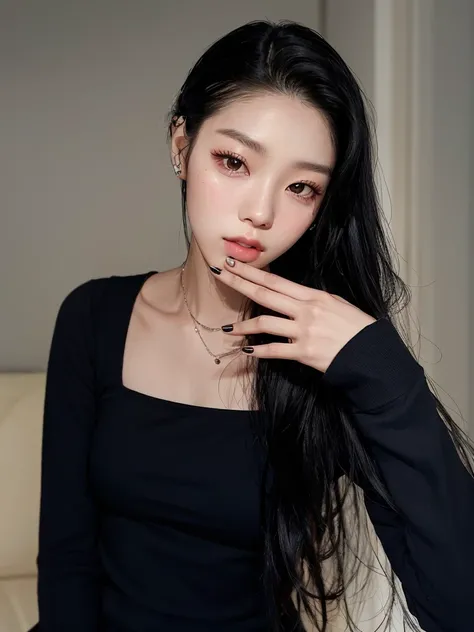 Hay una mujer con cabello largo y negro posando para una foto, Jaeyeon Nam, Blackpink Jennie, Heonhwa Choe, Taejune Kim, Jinyoung Shin, Gongbi, ulzzang, 2 4 year old female model, she is about 1 6 years old, Seseon Yoon, cruel korean goth girl, taken in th...