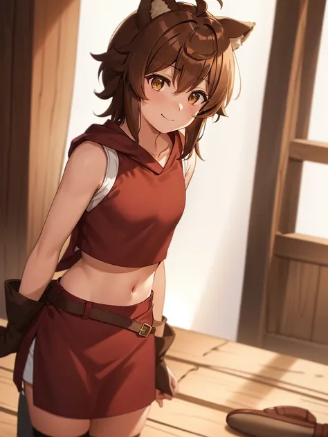 (anime screen cap,
1girl in, upper body, brown hair, navel, closed mouth,smile, midriff,  brown eyes, solo,short hair,  mid-ches...