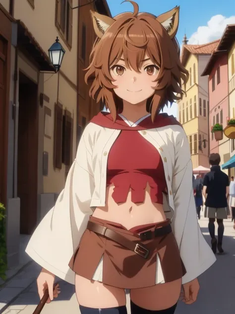 (anime screen cap,
1girl in, upper body, brown hair, navel, closed mouth,smile, midriff,  brown eyes, solo,short hair,  mid-ches...