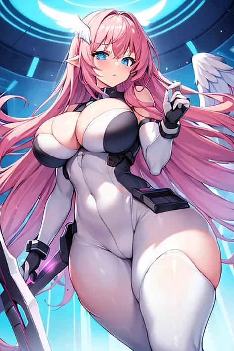 1girl, large breasts, breasts, thick thighs, wide hips, pink hair, long hair, blue eyes, white bodysuit, bodysuit, futuristic, science-fiction, tech, machinery, angel wings, pantyhose, thigh strap, cutout, hip vent, cleavage, serious, glowing eyes