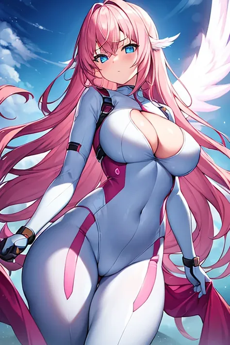 1girl, large breasts, breasts, thick thighs, wide hips, pink hair, long hair, blue eyes, white bodysuit, bodysuit, futuristic, science-fiction, tech, machinery, angel wings, pantyhose, thigh strap, cutout, hip vent, cleavage, serious, glowing eyes