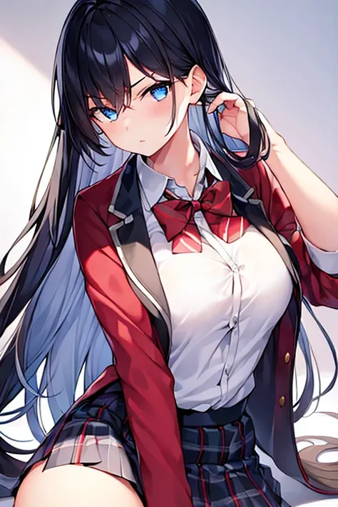 1girl, breasts, bowtie, black hair, hair over eyes, serious, blue eyes, white shirt, red jacket, skirt, school uniform, long hair,