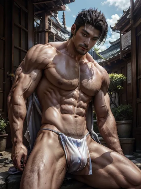 8K，8K分辨率，European males，35yo，Tall guy，(Handsome(brunette)，Plump，cool guy，largeeyes，Sexy and charming expression，短发the detail，melancholic sharpness&#39;lewd eyes，masseter membrane、well built、put on eyes、(eBlue eyes)，gay twinks、scantily clad、Brush cut！Nod an...