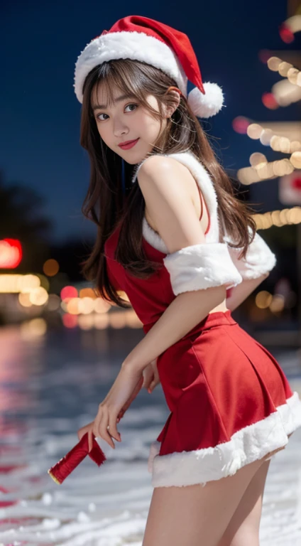 1 Japanese girl, Looking at the snow-covered amusement park, Young woman dressed as Santa Claus standing with legs apart, casada, UM MILF, maduro, enorme tiro impressionante deusa, Goddess of the Japan, o extremamente quente e sexy, poderoso e enorme, bele...