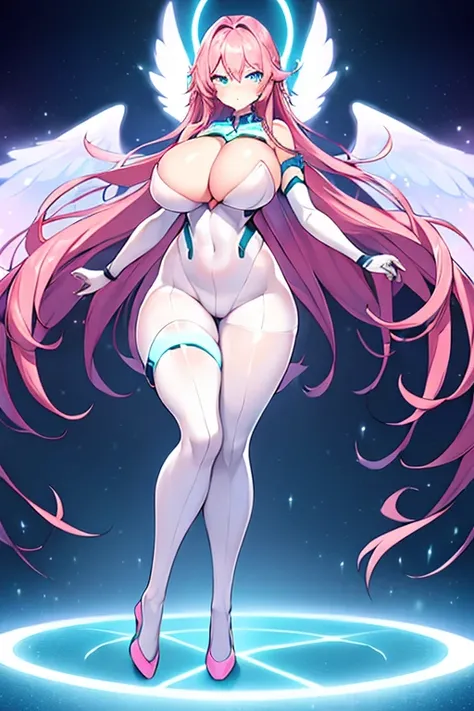 1girl, large breasts, breasts, thick thighs, wide hips, pink hair, long hair, blue eyes, white bodysuit, bodysuit, futuristic, science-fiction, tech, machinery, angel wings, pantyhose, thigh strap, cutout, hip vent, cleavage, serious, glowing eyes, neon, n...