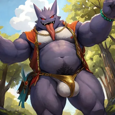 Crie personagens do game Pokémon Go Pokémon Unity  haunter, gengar, spent He wears clothing and accessories from Viking culture, pernas abertas, visão de lowangle, eye level shot (virilha),    personagem solo,Just huge morbid thighs, gordinhas, extremament...