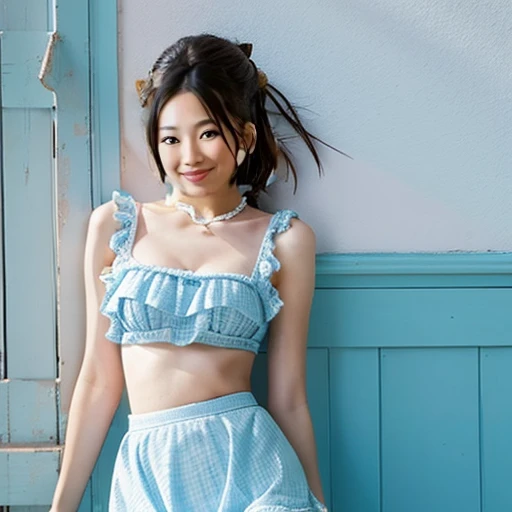 light blue ruffle lace bikini、pleatedskirt、at seaside