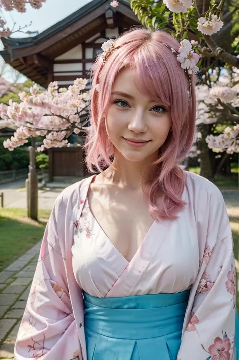 (masterpiece, best quality:1.2), pov, solo focus, upper body, 1girl, hand on anothers cheek, smile, pink hair, blue eyes, japanese clothes, kimono, cherry blossom trees