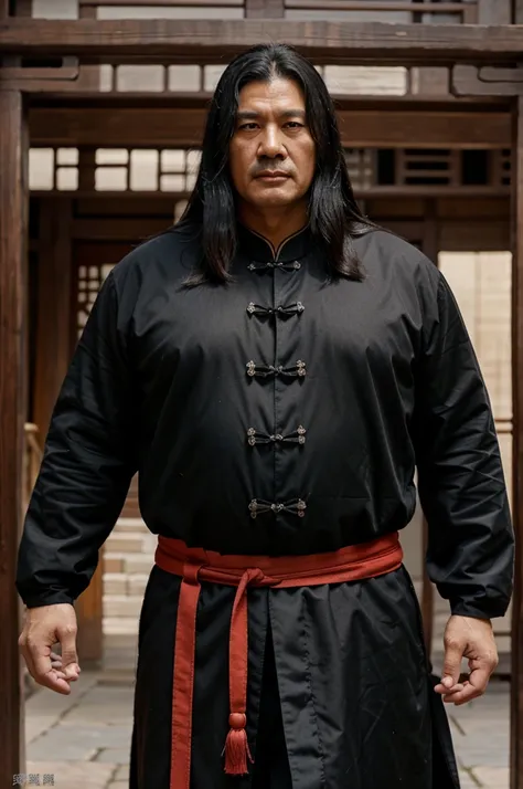 Long black hair, ancient Chinese clothing, middle-aged man, muscular, big man