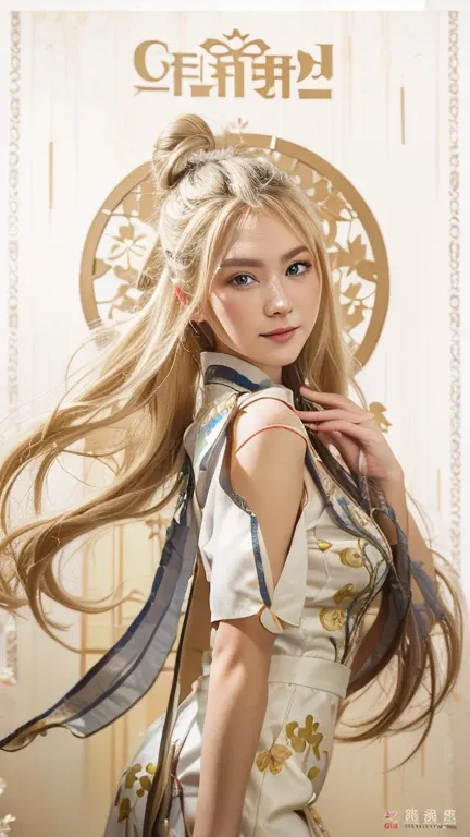 red eyes,blonde hair with bun and hairpin,white and gold qipao,portrait,traditional Chinese painting style,vibrant colors,soft lighting,blossoming cherry blossoms,delicate makeup,intense gaze,graceful posture,noble demeanor,subtle smile,fine details,detail...