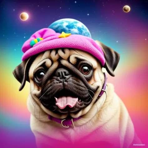 "A surreal image featuring an adorable pug, stylishly wearing a vibrant pink hat. This friendly dog sits confidently on top of a rocket, about to embark on an epic journey through outer space. O foguete, adornado com detalhes cintilantes e uma trilha de es...