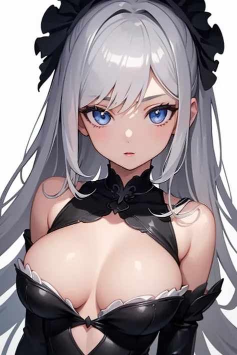 1girl, anime, cute girl, blank background, white background, fantasy, detailed dark fantasy dress with highlights, beautiful face, beautiful eyes, dark colors, silver hair, slightly small breasts, slight cleavage, beautiful skin, cute, breast curtains, ext...