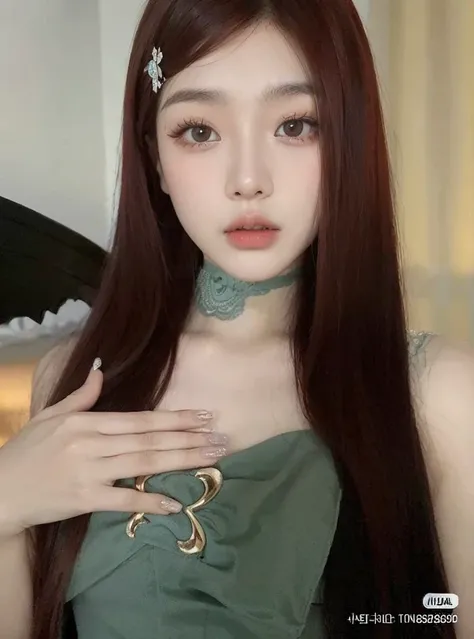 hay una mujer con el pelo largo y rojo que lleva un vestido verde, ulzzang, con cabello largo y ojos penetrantes, Chica coreana, Asian girl with long hair, cruel korean goth girl, Joven y adorable rostro coreano, maquillaje popular de Corea del Sur, Hermos...