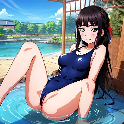 {Best Quality}, {very aesthetic}, {Ultra-detailed}, {Best Illustration}, nsfw, Navy blue swimsuit, Japan Student Swimsuit, One Piece Swimsuit, tits out, {nude}, Lots of love juice, Pussy, Spread legs