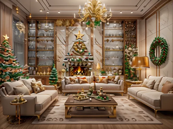 ultra real photo， tmasterpiece， Best quality， ultra - detailed， 超高分辨率， RAW photos，(Christmas living room)，(圣诞豪华Decorative style)，A fusion of gorgeous Christmas elements and symmetry，落地窗充满温暖的圣诞lamplight。Beautiful Christmas furniture is placed in the center，...